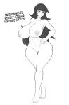  1girl bangs barefoot black_hair blunt_bangs breasts completely_nude curvy fingernails greyscale hands_on_hips highres hime_cut huge_breasts jadf large_breasts long_hair looking_at_viewer messy_hair monochrome nipples nude switch-tan thick_thighs thighs third-party_source wide_hips 
