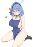  1girl absurdres ako_(blue_archive) alreadyusedpai apron arms_behind_back bare_legs bell blue_apron blue_archive blue_collar blue_eyes blue_hair blush breasts collar commentary cowbell full_body hairband halo heart highres large_breasts naked_apron neck_bell parted_lips simple_background sitting solo symbol-only_commentary thighs white_background 