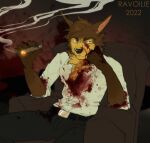  2022 5_fingers anthro blood bodily_fluids brown_body brown_eyes brown_fur cigar clothed clothing digital_media_(artwork) eyebrows eyelashes fingers fur hi_res male ravoilie sitting solo 