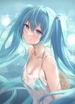  1girl absurdres aqua_bikini aqua_hair bangs bare_shoulders bikini bikini_under_clothes blue_eyes blurry blush bokeh breasts camisole cleavage collarbone depth_of_field eyelashes floating_hair from_behind hair_between_eyes halterneck hat hat_removed hatsune_miku headwear_removed highres long_hair looking_at_viewer looking_to_the_side see-through shirt sleeveless smile solo spaghetti_strap sparkle strap_gap straw_hat sunlight sweat swimsuit ttusee5 twintails upper_body very_long_hair vocaloid water wet wet_clothes wet_shirt 