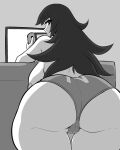  1girl ass ass_focus bandages bangs bent_over black_hair blunt_bangs breasts couch from_behind highres hime_cut huge_ass huge_breasts jadf large_breasts long_hair looking_at_viewer messy_hair nintendo nintendo_switch_(personification) panties pasties personification switch-tan television thick_thighs thighs third-party_source underwear wide_hips 