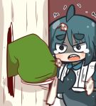  2girls alternate_costume apron blue_dress blue_hair borrowed_character brown_background collared_dress commentary_request dress enmaided fish_tail frilled_apron frills fuka-chan green_shirt here&#039;s_johnny!_(meme) kemomimi-chan_(naga_u) long_hair long_sleeves maid maid_apron master_sgt_mine meme multiple_girls open_mouth original shaded_face shark_tail sharp_teeth shirt short_eyebrows simple_background sleeves_past_fingers sleeves_past_wrists tail tears teeth thick_eyebrows trembling white_apron 