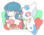  1girl blue_eyes blue_hair closed_mouth cup dark_blue_hair dawn_(pokemon) doughnut food froslass hair_ornament holding holding_cup holding_food holding_plate katiko long_hair long_sleeves mug no_headwear no_nose plate pokemon pokemon_(creature) pokemon_(game) pokemon_dppt pokemon_platinum scarf smile steam white_scarf 