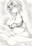  1girl azur_lane bikini breasts covered_nipples eyewear_on_head graphite_(medium) greyscale heart heart-shaped_eyewear large_breasts looking_at_viewer marker_(medium) mikuro monochrome official_alternate_costume scrunchie sirius_(azur_lane) sirius_(scorching-hot_seirios)_(azur_lane) sitting swimsuit thigh_strap thighs traditional_media wrist_scrunchie 