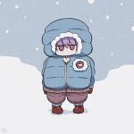 1girl adapted_costume blue_coat boots chibi coat full_body fur-trimmed_boots fur-trimmed_hood fur_trim hair_between_eyes heart highres hood hood_up jitome komeiji_satori looking_at_viewer mittens no_mouth outdoors parka purple_hair red_eyes red_footwear red_mittens scavia10 signature snow snowing solo standing straight-on third_eye touhou winter_clothes winter_coat 