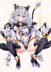  1girl :d ahoge animal_ears armored_leotard bangs black_footwear black_gloves blue_eyes boots braid breasts cat_ears cat_tail clothing_cutout fake_animal_ears fake_tail fingerless_gloves full_body gloves grin honkai_(series) honkai_impact_3rd kiana_kaslana kiana_kaslana_(knight_moonbeam) long_hair looking_at_viewer navel navel_cutout simple_background smile solo spread_legs squatting tail teeth thigh_boots tor_ai twin_braids white_background white_hair white_sleeves 