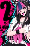  1girl absurdres ace_glitch bangs black_gloves black_hair black_nails black_skirt blood blood_on_face breasts cheek_piercing collarbone crossed_arms danganronpa_(series) danganronpa_2:_goodbye_despair danganronpa_3_(anime) ear_piercing facial_mark fingerless_gloves gloves grin highres large_breasts long_hair looking_at_viewer lower_teeth mioda_ibuki multicolored_hair nail_polish open_mouth piercing pink_background pink_eyes school_uniform serafuku shirt short_sleeves single_glove skirt smile solo standing streaked_hair teeth tongue tongue_out upper_body upper_teeth white_shirt yandere 