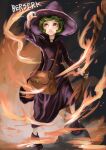  1girl 5080t bag berserk child closed_mouth female_child fire green_eyes green_hair hat holding holding_staff looking_to_the_side schierke_(berserk) solo staff standing witch witch_hat 