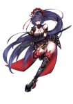  1girl armor armored_boots armored_dress bangs boots breasts cleavage closed_mouth full_body gauntlets hair_ornament holding holding_sheath holding_sword holding_weapon honkai_(series) honkai_impact_3rd japanese_armor katana long_hair looking_at_viewer purple_eyes purple_hair raiden_mei raiden_mei_(shadow_dash) sheath sheathed simple_background sword thigh_boots tor_ai weapon white_background 