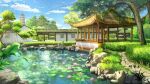  architecture blue_sky building cloud day east_asian_architecture grass highres lily_pad nature no_humans original outdoors pond scenery sky still_life stone tree water xingzhi_lv 