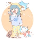  1girl 2016 alternate_costume barefoot blue_hair blue_shirt closed_eyes cubchoo dark_blue_hair dated dawn_(pokemon) froslass full_body hand_up holding holding_stuffed_toy katiko long_hair long_sleeves messy_hair motion_lines on_shoulder open_mouth pachirisu pajamas pants pikachu pokemon pokemon_(creature) pokemon_(game) pokemon_dppt pokemon_on_shoulder shirt snorunt star_(symbol) star_print stuffed_toy teeth twitter_username yawning yellow_pants zzz 