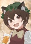  1girl :d absurdres animal_ear_fluff animal_ears bow bowtie brown_hair cat_ears chen cup drink drinking_straw earrings green_headwear happy hat highres holding holding_cup jewelry juice mob_cap mug nail_polish open_mouth palulap red_nails smile solo touhou upper_body 