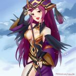  1girl bare_shoulders braid braided_ponytail breasts chocojax cleavage cloud cloudy_sky detached_collar dress feather_trim fire_emblem fire_emblem_heroes garter_straps hair_ornament hat highres holding holding_staff large_breasts lips loki_(fire_emblem) long_hair looking_at_viewer no_panties open_mouth plunging_neckline purple_eyes purple_hair sky smile solo staff tassel thighs 