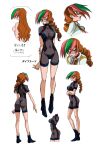  1girl arm_behind_back ass back betterman black_footwear bodysuit brown_hair covered_navel crotch_plate expressionless full_body green_hair highres kimura_takahiro long_hair multiple_views non-web_source nude official_art open_mouth ponytail profile red_eyes red_hair reference_sheet sai_hinoki semi-rimless_eyewear simple_background standing sweatdrop under-rim_eyewear white_background 