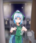  1girl apron black_shirt bloop_(gawr_gura) blue_eyes blue_hair blue_pants city_lights cup disposable_cup door gawr_gura green_apron highres holding holding_cup holding_marker hololive hololive_english iced_latte_with_breast_milk_(meme) looking_at_viewer marker meme moral_cacoethes multicolored_hair pants ponytail shark_girl shirt starbucks streaked_hair virtual_youtuber white_hair 