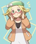  1girl adjusting_eyewear bianca_(pokemon) blonde_hair glasses green_eyes green_headwear hat jacket looking_at_viewer open_clothes open_jacket orange_jacket pokemon pokemon_(game) pokemon_bw2 semi-rimless_eyewear shirt short_hair shugara smile solo white_shirt 