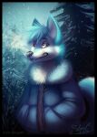  2016 anthro black_nose black_sclera blue_body blue_clothing blue_fur blue_hair blue_jacket blue_topwear canid canine canis cheek_tuft clothed clothing dated domestic_dog facial_tuft fur glistening glistening_eyes hair half-length_portrait husky jacket looking_up male mammal mylafox neck_tuft nordic_sled_dog outside plant portrait signature snow snowing solo spitz standing text three-quarter_view topwear tree tuft url white_body white_fur 