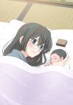  1girl absurdres azuki-iro baby black_hair blanket blue_eyes futon glasses green_hairband hairband highres kantai_collection long_hair mother_and_child ooyodo_(kancolle) pillow tatami under_covers 