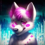  1:1 abstract_background ambiguous_gender anthro blue_nose bust_portrait canid canine chibi fangs fox front_view fur glistening glistening_eyes glistening_nose hair inner_ear_fluff looking_at_viewer mammal mylafox narrowed_eyes nude open_mouth pink_body pink_eyes pink_fur pink_hair pink_inner_ear_fluff pink_spots portrait solo spots spotted_body spotted_fur text tuft url white_body white_fur white_hair 