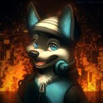  1:1 abstract_background anthro black_body black_clothing black_fur black_nose black_topwear blue_clothing blue_eyes blue_topwear bust_portrait canid canine canis clothed clothing domestic_dog fangs fur glistening glistening_eyes glistening_nose grey_body grey_fur headphones headphones_around_neck husky looking_at_viewer male mammal multicolored_body multicolored_fur mylafox narrowed_eyes nordic_sled_dog open_mouth open_smile pink_tongue portrait smile solo spitz text tongue topwear url white_body white_fur 