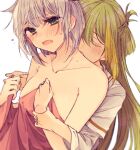  2girls alina_gray azusa_mifuyu bangs blunt_ends blush breasts green_eyes green_hair grey_hair hair_between_eyes hair_rings holding_another&#039;s_wrist kiss long_hair magia_record:_mahou_shoujo_madoka_magica_gaiden mahou_shoujo_madoka_magica medium_breasts mizuki_(flowerlanguage) multicolored_hair multiple_girls nude open_mouth sakae_general_school_uniform school_uniform short_hair sidelocks sleeves_rolled_up straight_hair streaked_hair yuri 