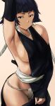  1girl arm_up armpits bare_shoulders black_eyes black_hair bleach breasts cafekun closed_mouth commentary_request fundoshi haori japanese_clothes long_hair looking_at_viewer medium_breasts orange_background sideboob simple_background solo sui-feng suzumebachi_(shikai) taichou_haori 