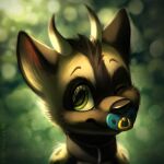  1:1 anthro black_collar blue_pacifier brown_body brown_fur bust_portrait child collar dark_body dark_fur fur glistening glistening_eyes green_eyes head_tuft looking_aside male mylafox one_eye_closed pacifier portrait simple_background solo species_request tan_body tan_fur tuft young 