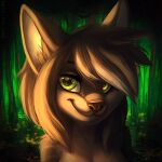  1:1 anthro bust_portrait closed_smile eyelashes female forest front_view fur glistening glistening_eyes green_eyes hair mouth_closed mylafox nude outside plant portrait shoulder_tuft solo species_request tan_body tan_fur tan_hair tree tuft 