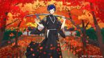  1boy absurdres alternate_costume architecture armor astel_leda autumn_leaves bangs black_hakama black_kimono black_shirt bleach blonde_hair blue_hair east_asian_architecture falling_leaves feet_out_of_frame green_eyes hakama highres holding holding_sword holding_weapon holostars japanese_clothes katana kimono leaf looking_at_viewer male_focus multicolored_hair official_art over_shoulder parted_lips pectoral_cleavage pectorals shirt short_hair shoulder_armor solo standing streaked_hair swept_bangs sword tree turtleneck virtual_youtuber weapon weapon_over_shoulder yuya_(pixiv37335712) 