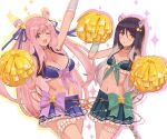  2girls :o absurdres animal_ears arm_up bangs black_hair blue_ribbon blue_skirt blush bow breasts cheerleader choker cleavage crop_top frills grey_hair hair_ornament hair_ribbon hatsune_(princess_connect!) highres large_breasts long_hair looking_at_viewer midriff multicolored_hair multiple_girls one_eye_closed open_mouth outline parted_lips pink_hair pleated_skirt pointy_ears pom_pom_(cheerleading) princess_connect! purple_eyes ribbon shiori_(princess_connect!) simple_background skirt small_breasts sparkle star_(symbol) star_hair_ornament tail tiger_ears tiger_girl tiger_tail tsunekun two_side_up very_long_hair white_background 