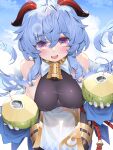  1girl bell blue_hair bodystocking breasts cowbell detached_sleeves ganyu_(genshin_impact) genshin_impact goat_horns hair_between_eyes highres holding horns large_breasts long_hair neck_bell open_mouth purple_eyes smile solo waterring 