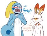  2022 anthro blue_body blush bodily_fluids breast_envy breast_size_difference breasts covering covering_breasts covering_self duo embarrassed english_text female fur generation_8_pokemon lagomorph mammal narrowed_eyes nintendo nipples nude nude_female pokemon pokemon_(species) pokemorph redxbacon scalie scorbunny small_breasts sobble squint tears text thoughts video_games white_body white_fur 
