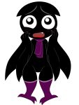  black_body black_eyes black_fur black_wings blush chiropteran clothing dreameclipsewolf fangs fur grey_outline hi_res legwear male mammal open_mouth outline purple_clothing purple_legwear purple_outline purple_scarf purple_stockings red_tongue ruby_gloom_(series) scaredy_bat scarf solo stockings tongue touching_cheek touching_face white_outline wings 