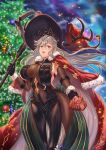 1girl absurdres alternate_costume antlers black_dress black_gloves breast_curtain breasts christmas cowboy_shot curvy dress elbow_gloves fake_horns gloves granblue_fantasy grey_hair hair_between_eyes hat highres horned_headwear horns large_breasts legendpoon long_hair magisa_(granblue_fantasy) narrow_waist red_eyes reindeer_antlers see-through_cleavage sideboob skin_tight solo thick_thighs thighs very_long_hair wide_hips witch_hat 