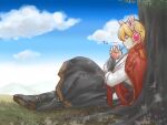  1boy apple_juice bangs black_footwear black_pants blonde_hair blue_sky boots cape cat_ear_headphones closed_mouth cloud commentary_request dated day drinking drinking_straw_in_mouth expressionless full_body headphones highres long_sleeves male_focus outdoors pants profile ragnarok_masters ragnarok_online red_cape red_eyes shirt short_hair sky solo tomo-graphy tree twitter_username under_tree white_shirt 