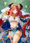  1girl bangs blue_eyes blush breasts brooch genshin_impact hand_up highres horns jewelry large_breasts long_hair looking_at_viewer navel nilou_(genshin_impact) obiwan pelvic_curtain puffy_sleeves red_hair signature solo thighlet thighs weisuoxin white_headwear 