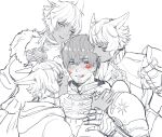  1boy 1girl @_@ adventurer_(ff14) after_kiss animal_ears armor bangs blush breasts cat_ears cleavage dark-skinned_female dark_skin facial_hair facial_mark final_fantasy final_fantasy_xiv fur_trim grin hyur miqo&#039;te monochrome on_(isk1812) short_hair smile spot_color stubble whisker_markings y&#039;shtola_rhul 