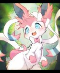  2021 absurd_res ambiguous_gender blue_eyes cute_fangs eeveelution feral fur fur_tuft generation_6_pokemon hi_res monotone_tail multicolored_body multicolored_fur nintendo open_mouth open_smile pink_body pink_ears pink_fur pink_tail pokemon pokemon_(species) smile solo sylveon tongue tuft video_games white_body white_fur xripy 