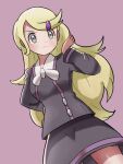  1girl ace_trainer_(pokemon) bangs bangs_pinned_back black_shirt black_skirt blonde_hair grey_eyes hair_ornament hairclip hand_in_own_hair long_hair looking_at_viewer pink_background pokemon pokemon_(game) pokemon_xy shirt shugara skirt solo 