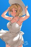  1girl armpits bare_arms blue_background blush breasts character_request cleavage collarbone commentary_request copyright_request cowboy_shot dot_nose dress hair_ornament hairpin hat large_breasts looking_at_viewer rkrk short_hair simple_background sundress sunlight white_headwear 