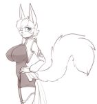  2022 anthro big_breasts blue_eyes breasts canid canine clothing female fennec fluffy fluffy_tail fox hair hand_on_hip hi_res looking_at_viewer mammal nipple_outline one_eye_closed scorpdk short_hair solo tight_clothing 