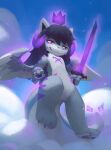  anthro black_hair blue_sky cloud cloudy_background crown domestic_cat dragon ears_up elodoart feathered_wings feathers felid feline felis fluffy flying fur gem grey_body hair hi_res horn hybrid kemono left-handed looking_at_viewer magic male mammal melee_weapon paws pivoted_ears pride_(yamikadesu) proud purple_energy purple_eyes sky smile smiling_at_viewer smug_face solo striped_body striped_fur stripes sword tuft weapon white_body wings yamikadesu 