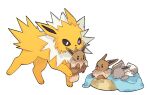  3_toes ambiguous_gender barefoot bed bedding blanket canid canine carrying carrying_partner chest_tuft digital_media_(artwork) dog_bed eevee eeveelution feet feral frown fur furniture generation_1_pokemon grey_body grey_fur group head_down holding_object jolteon looking_down lying mammal mjoyart nintendo on_bed open_mouth pet_bed pokemon pokemon_(species) shiny_pokemon simple_background size_difference smile standing toes tuft video_games white_body white_fur yellow_body yellow_fur 
