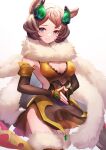  1girl absurdres animal_ears bangs bare_shoulders breasts brown_hair cat_ears cleavage closed_mouth cowboy_shot dress elbow_gloves erune fur_collar fur_trim gloves granblue_fantasy highres looking_at_viewer medium_breasts medium_hair mole mole_under_mouth own_hands_together purple_eyes sakurahuji-iro side_slit sideless_outfit simple_background smile solo sutera_(granblue_fantasy) swept_bangs thighhighs zettai_ryouiki 