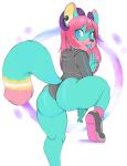  2021 anthro blue_eyes butt canid canine clothed clothing ear_piercing female fiji_(johann) footwear fox hair hi_res hoodie horn mammal panties piercing pink_hair raised_leg shoes simple_background solo spots tongue tongue_out topwear underwear usnarbit white_background 