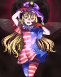  1girl american_flag_dress american_flag_pants arms_up ater9 bangs black_background blonde_hair breasts clownpiece dress eclipse english_commentary fairy_wings fang fangs fire gloves gradient gradient_background hair_between_eyes hands_up hat highres jester_cap long_hair looking_at_viewer lunar_eclipse medium_breasts moon multicolored_eyes neck_ruff open_mouth pants pink_background pink_eyes pink_fire polka_dot purple_headwear red_eyes red_gloves short_sleeves smile solo standing star_(symbol) star_print striped striped_dress striped_pants teeth tongue touhou v-shaped_eyebrows wings 