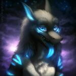  1:1 abstract_background anthro blue_body blue_eyes blue_fur blue_tongue bust_portrait cheek_tuft chest_tuft dragon facial_tuft fur furred_dragon glistening glistening_eyes glowing glowing_body glowing_fur grey_body grey_fur long_tongue looking_at_viewer male mylafox nude open_mouth portrait solo star text tongue tongue_out tuft url white_body white_fur 