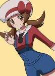  1girl bow brown_eyes brown_hair cabbie_hat hat hat_bow long_hair lyra_(pokemon) overalls pokemon pokemon_(game) pokemon_hgss red_bow red_shirt shirt shugara smile solo twintails white_headwear yellow_background 