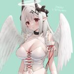 1girl aqua_background arknights bare_shoulders blush breasts bustier cleavage collar cross-laced_clothes earrings feathered_wings grey_hair hair_ornament halo happy_halloween highres horns infection_monitor_(arknights) jewelry large_breasts long_hair looking_at_viewer mudrock_(arknights) oemmnn parted_lips pointy_ears red_eyes red_ribbon ribbon simple_background solo upper_body white_wings wings 
