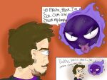 blue_eyes bodily_fluids brown_hair clothed clothing comic dialogue discodemon duo facial_hair female gastly generation_1_pokemon ghost hair human male mammal nintendo not_furry pokemon pokemon_(species) purple_body sharp_teeth spirit sweat teeth tongue tongue_out video_games 